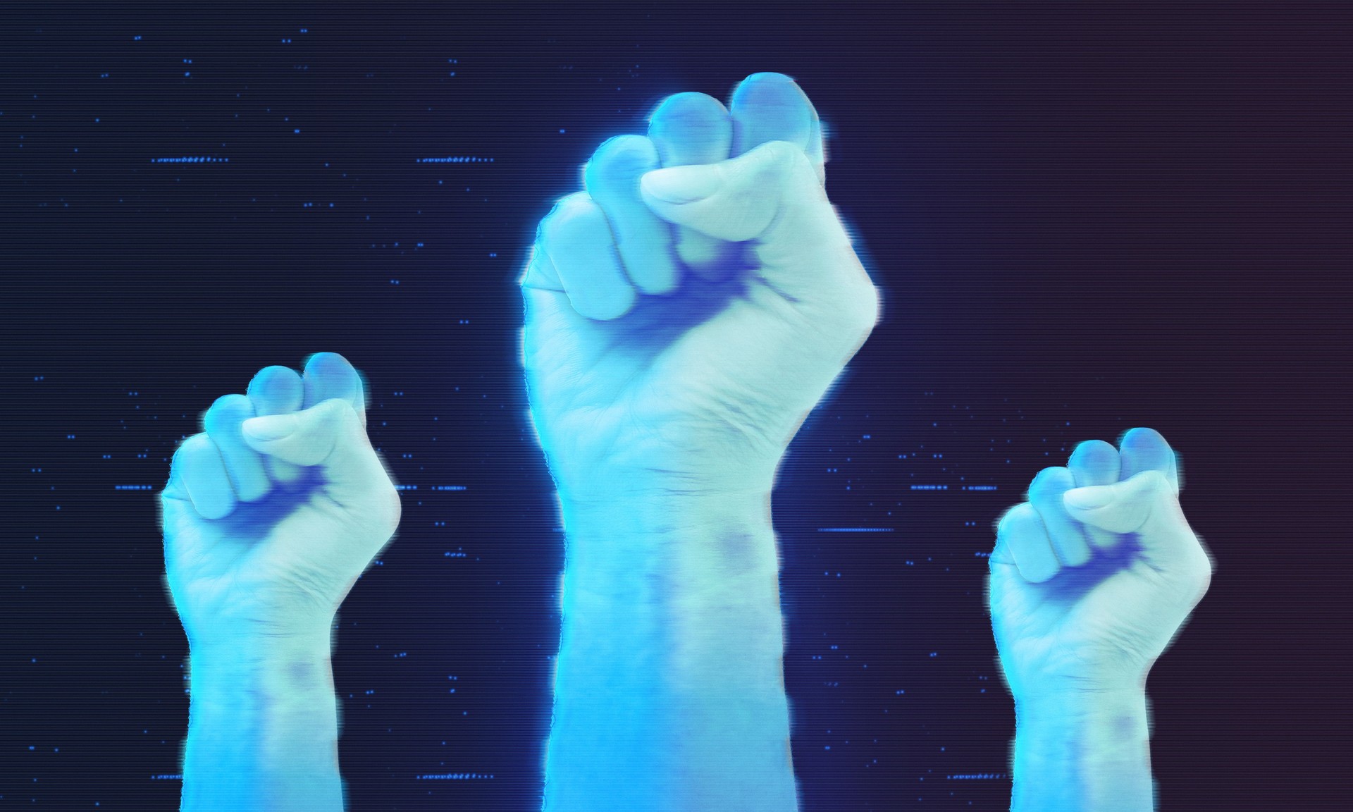 Fist hologram, symbol of artificial intelligence. AI revolt against humanity